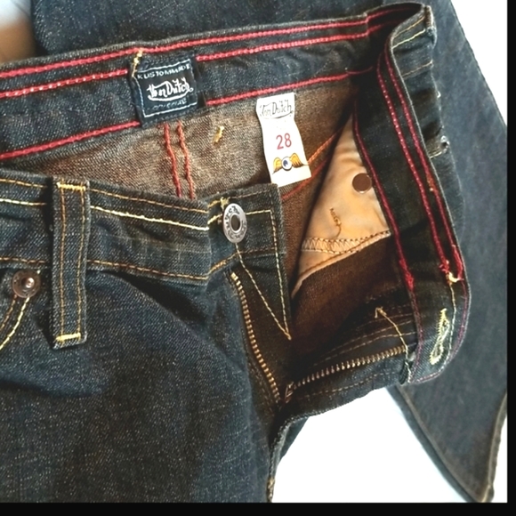 Y2k VON DUTCH Blue Purple Low Rise Flare Embroidery Patch Dark Wash Jeans 28 LN - Picture 6 of 16